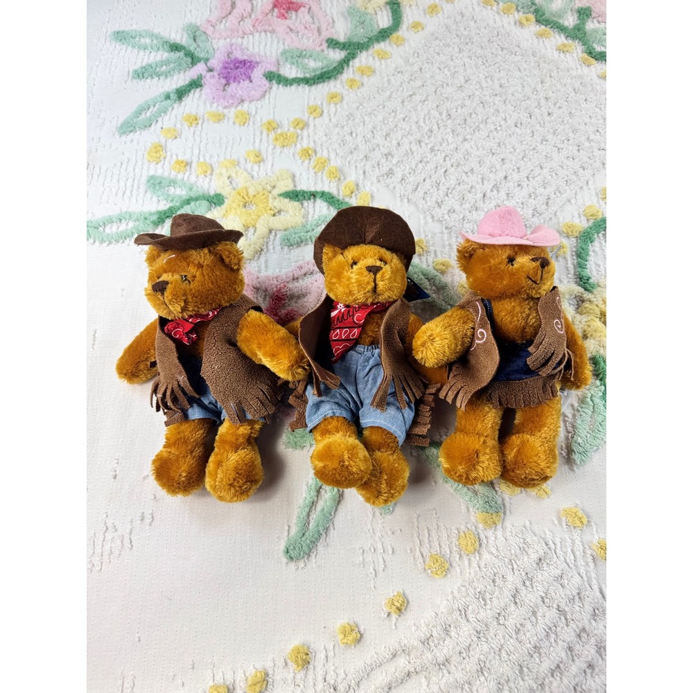 March of Dimes Cowboy Cowgirl Teddy Bear Plush Set Western Bean Bag 8 Inch 3pc